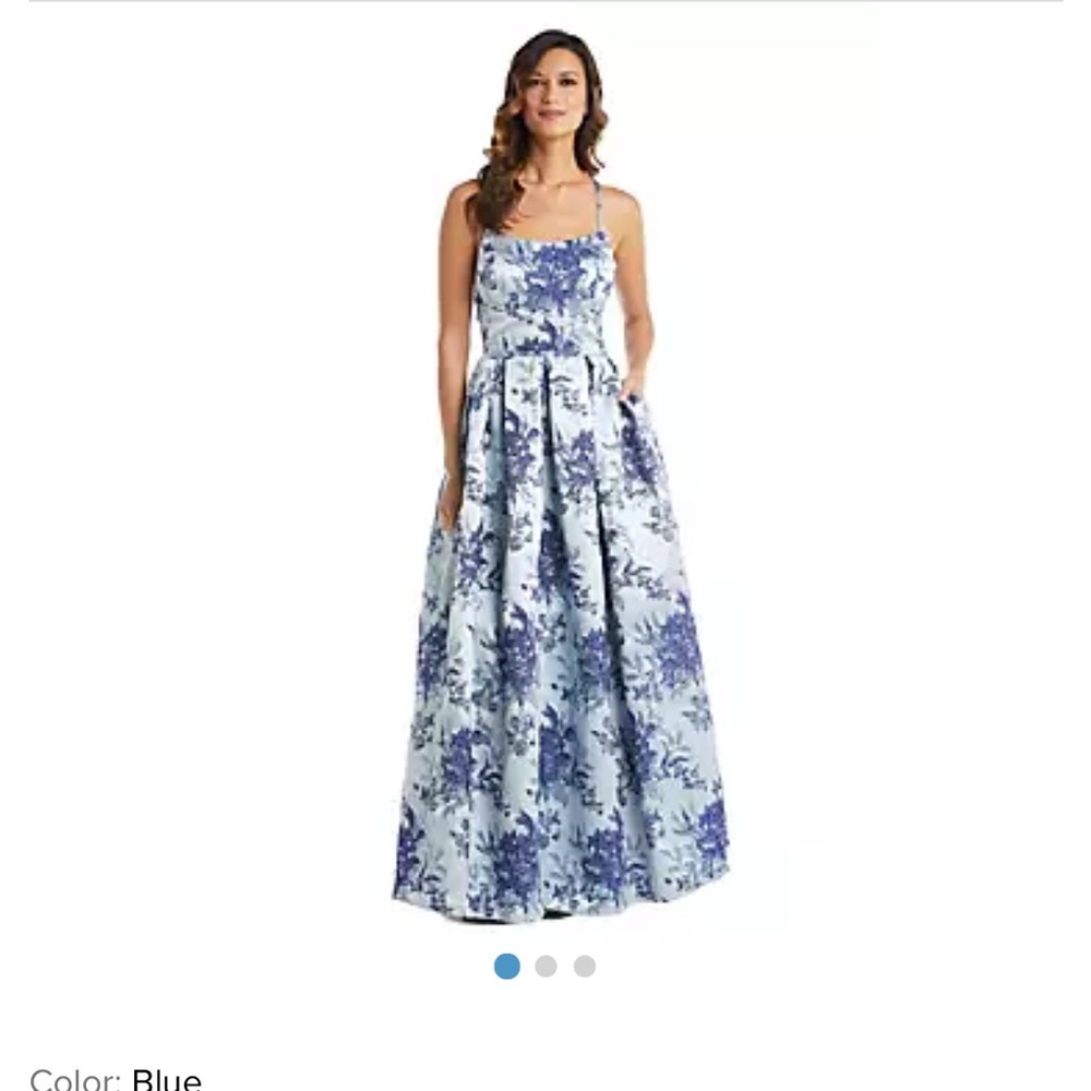 Morgan & Co Broccade Box Pleat Ball Gown Embroidered Blue Size 1